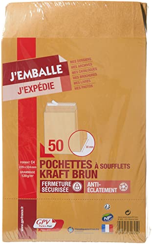 GPV Paquet de 50 pochettes kraft brun auto-adhésives, format C4 229 x 324 mm soufflet 30 mm 120g