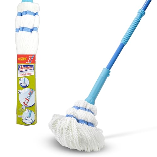 Spontex Balai serpillère Twist Mop - Franges en microfibre avec système d’essorage intégré - Tampon récurant anti-rayures pour taches tenaces - Nettoie les sols stratifiés, planchers et carrelages
