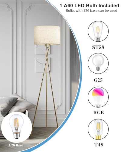 Image of Lightdot 62IN Tripod Floor Lamps for Living Room, Modern Standing Lamp with Off-White Fabric Shade, Mid Century Industrial Standing Tall Lamp for Bedroom, Home Office-Gold