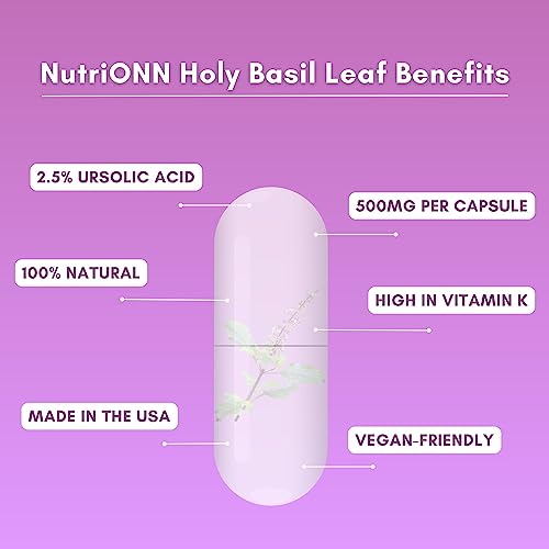 Nutrionn Holy Basil Leaf Capsules - 500Mg - 2.5% Ursolic Acid - 120 Vegan Capsules - Real Tulsi Extract Supplement - Positive Mindset - Adaptogenic & Ayurvedic Herb #TOP3