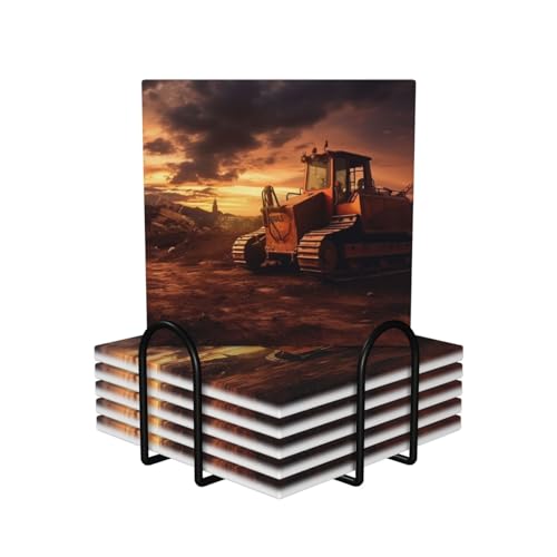 Dessous de verre en céramique Bulldozer lot de 6 avec support métal pour table - 2