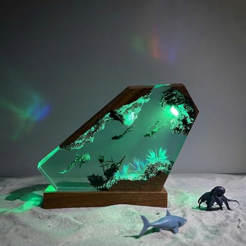 Image of Drawelry Ocean Creative Epoxy Resin Wood Light Lamp, Handmade Multi Color Aquatic Ocean Lamp Deep Sea Cave Diving Enthusiasts Led Night Light Desktop Decor Birthday Gift (Couple Diver, M)