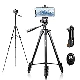 hpusn Phone Tripod, 55-inch Extendable and Lightweight Aluminum Tripod Stand Cell Phone Mount Holder, Bluetooth Remote Shutter, Portable Travel Tripod for Photography, Video Recording, Vlogging