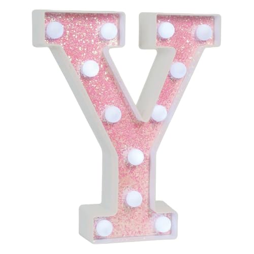 Image of Pink Glitter Marquee Light Up Letters, Battery Operated LED Letter Lights Signs for Pink Birthday Party Table Decorations, Wall Decor for Girls Bedroom, Initial Letter Y with Cool White Lights