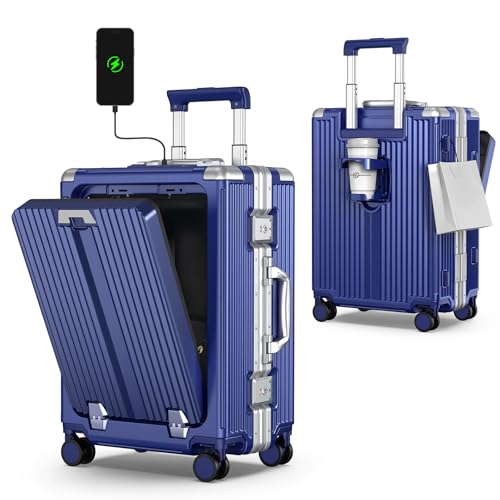 Portable Carry on Luggage Airline Approved, Luggage with Wheels for Trips, Practical Suitcase with Front Pocket ＆ USB Port.(01-Blue)