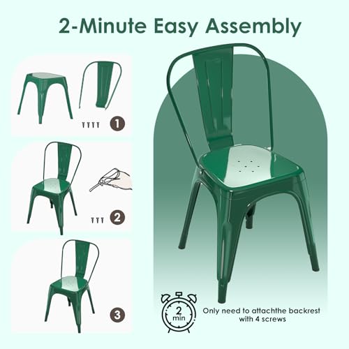 Image of Metal Dining Chairs with Backrest, Stackable, Green, 2 Pack | Easy Assembly, Non-Slip Feet, 330 lb Capacity, Kitchen, Restaurant, Cafe, Pub, Covered Patio