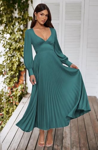 Pleated Satin Bridesmaid Dress V-Neck Long Sleeve Maxi Dresses for Women QA2583