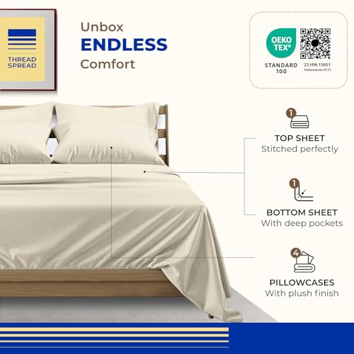 Image of THREAD SPREAD Egyptian Cotton Sheets Queen Size - 1000 Series High Thread Count Cotton Queen Sheet Set (6 PC, Ivory), 16 inch Snug Fit Deep Pocket, Cooling, Sateen Weave, Ultra-Soft Hotel Luxury Sheets