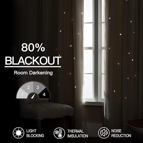 Image of XiDi Beige Curtains with Sheer Overlay for Living Room Bedroom 2 Panels Star Hollow Out 80% Blackout Double Layer Curtains for Kids Girls Room Darkening Grommet Window Drapes with Tiebacks W52 X L54