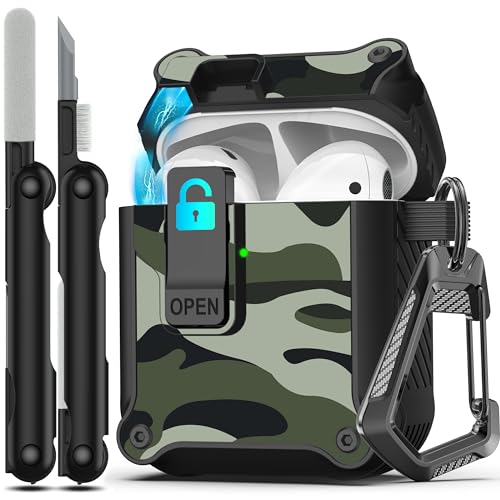 Image of RFUNGUANGO for Airpods 2nd and 1st Generation Protective Cases Automatic Pop-up with Safety Lock Clip, Full Body Shockproof Hard Case with Keychain (Cleaning Tool)-Green Camouflage