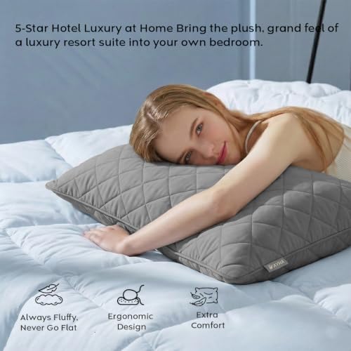 Image of AYKA Quilted Pillow for Sleeping | Super Soft & Fluffy Bed Pillow | 100% Virgin Microfiber Filling | Ergonomic Neck Support | Breathable | Ideal for All Type of Sleepers | 17 x 20 Inch | Pack of 4