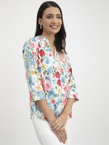 Image of FableStreet Women Shirt Work & Casual | Relaxed Fit Mandarin V-Neck Three-Quarter Sleeves Solid Pattern | Breathable Woven Fabric for Office & Everyday Wear