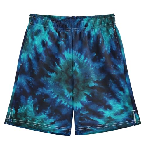 DOMIKING Blue Teal Tie Dye Kids Shorts Pull-on Boys Shorts with Elastic Waist Casual Athletic Pants for Summer Outdoor
