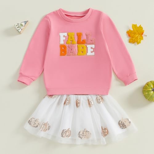KMBANGI Kids Toddler Baby Girl Thanksgiving Outfits Fall Babe Embroidery Sweatshirt Pumpkin Tulle Dress Tutu Skirt Set Fall3