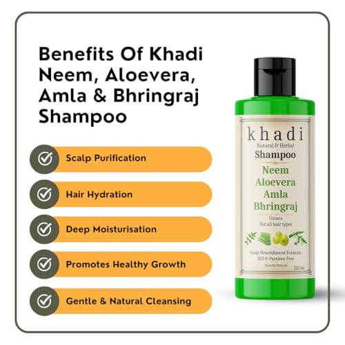 Image of Khadi Neem Aloe Vera Amla Bhringraj Shampoo | Scalp Nourishment & Hair Strength | Khadi Herbal Shampoo for Women & Men | Sulfate, SLS & Paraben Free 210 ml