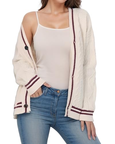 Anytree Women's Cardigan Sweaters Stars Long Sleeve Button Down Shirts Casual Knit Cardigans Outerwear AC1 Beige Red