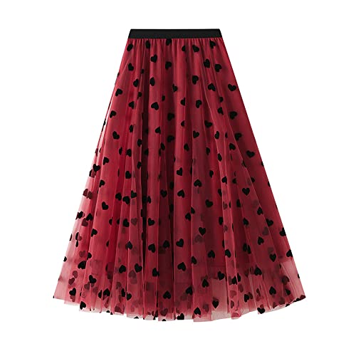 Falda midi de tul con diseño de corazón kawaii para mujer, cintura elástica alta, una línea de verano, falda de malla, Rojo, Talla Única