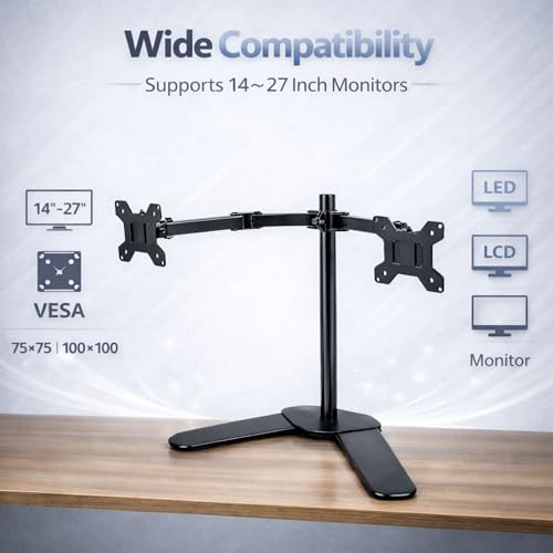 Image of RISSACHI Dual Monitor Arm | 14-27 Inch Screen Support Monitor Stand for Desk | 25 kg Total Weight Capacity | Height Adjustable Dual Arm | Freestanding Base | Tilt, Swivel & Rotation Features