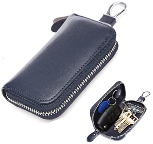 [fogman] キーケース スマートキー PU革 レザー 大容量 6連キーフック 車 メンズ レディース (ネイビー)