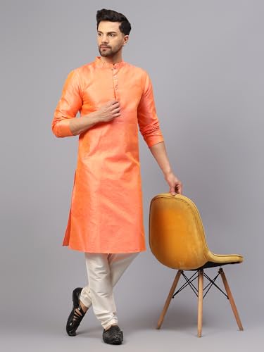 Image of LATEST CHIKAN Men's Silk Chikankari Kurta with Cream Churidar | Festive Set - KP Silk BANARSI