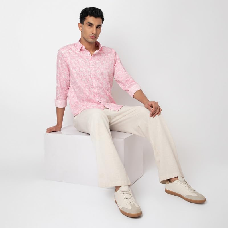 Image of MARK & ALBERT Men's Printed Full Sleeves Regular Fit Shirt Blue | 100% Cotton Stretchable Fabric