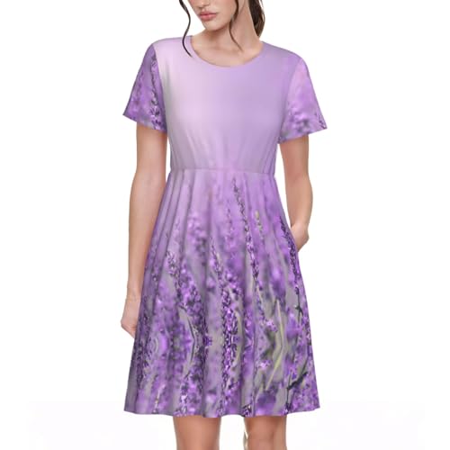 Robe d'été romantique fleurie violette à col rond pour femme
