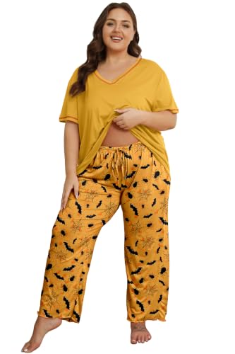 Image of Vozanet Women's Plus Size Pajama Sets Short Sleeve Long Pants Solid Color with Piping Trim Elegant Loungewear Cozy Sleepwear