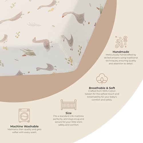 Image of Crane Baby Charlie Farmhouse Goose Crib Fitted Sheet, 100% Cotton Baby Bed Sheets, Farm Nursery Decor, Crib Sheets for Boys and Girls, Baby Registry Gift, Goose Nursery Decor