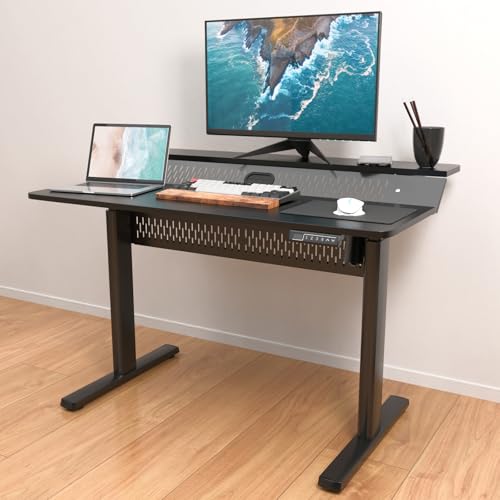 Fohfurniture Mesa Eléctrica, Escritorio Elevable Eléctrico con Altura Regulable en 4 Niveles, Mesa Alta para Ordenador con 2 mesas de 120 x 40 cm y 120 x 20 cm para Oficina, Color Negro