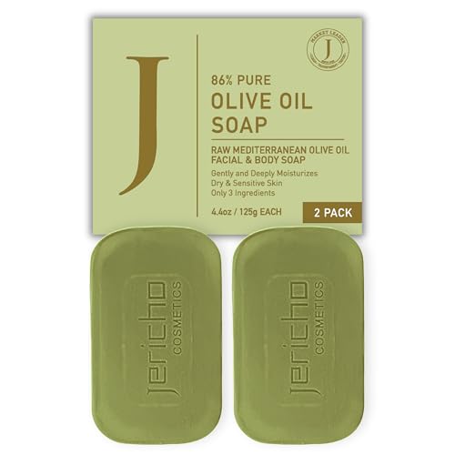 Jericho Olive Oil Soap Bar 86% Pure Cold Pressed Natural Soap for Sensitive Skin Face & Body Fragrance Free Palm Oil Free Vegan Cleanser 2 Bars 4.4 oz Each