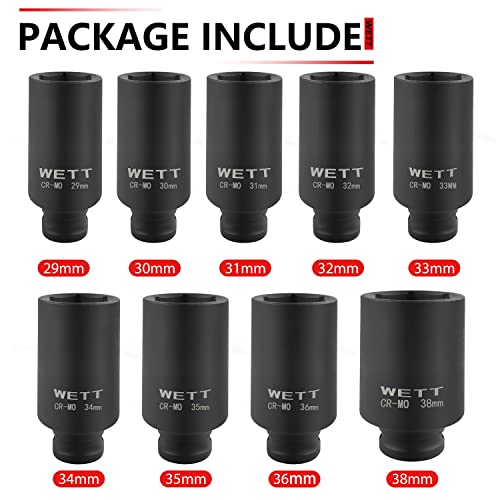 Wett 9Pcs 1/2" Drive Deep 6-Point Impact Socket Set/Spindle Axle Nut Impact Socket Set, Metric, Cr-Mo,29Mm-38Mm #TOP1