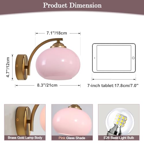 Image of Mid Century Modern Wall Sconce Light Fixture Pink Glass Wall Sconce Lamp Brass Gold Wall Lighting Hardwired Globe Wall Lamp Vintage Bathroom Vanity Light Fixtures