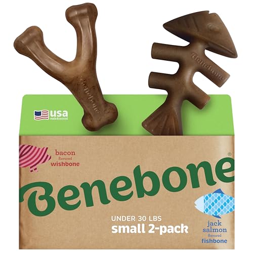 Image of Benebone 2-pack Fishbone /Wishbone Durable Dog Chew Toys, Real Fish, Real Bacon, Made in USA, Small