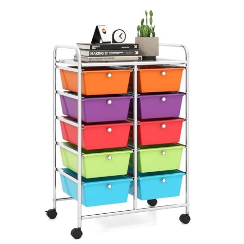 Image of LDAILY 10 Drawer Rolling Cart, Storage Cart Organizer on Wheels, Drawer Cart with Metal Frame & Large Storage Capacity, Rolling Cart with Drawers for Living Room Classroom, Office