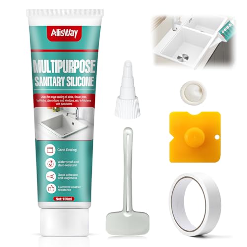 Allisway Silicona para cocina, baño de silicona, sellador para juntas de baño, sellador impermeable, adecuado para fregaderos de cocina, baños, inodoros y bordes de piscina, 150 ml, transparente