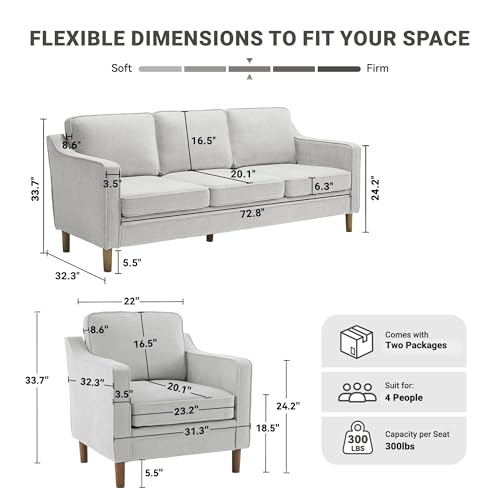 Image of Kingfun Couch Sets for Living Room, 3 Seater Couch and Armchair, Mid Century Modern Sofa Set, Chenille Couch with Solid Wood Frame for Bedroom