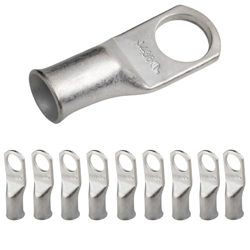 SELTERM 10pcs 4 AWG-3/8 Stud Tinned Copper Wire Lugs, Heavy Duty Battery Cable Ends,4 Guage Ring Terminals, UL Battery Lugs Marine Grade Copper Eyelets Electrical Battery Terminal Connectors