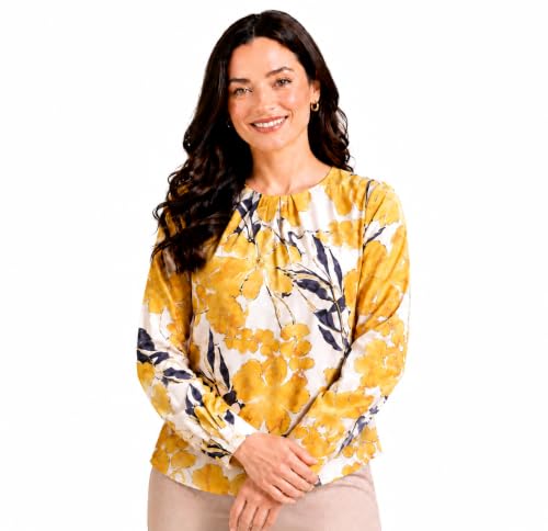 Image of Mirana Women's Full Sleeve Solid Top | Round Neck Pleated Front Regular Fit Office Casual Blouse with Button Cuffs