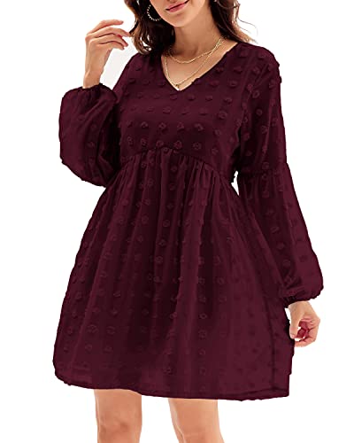 Women Casual Mini Dress Swiss Dot V Neck Long Sleeve Swing Christmas Flowy Dress Wine S