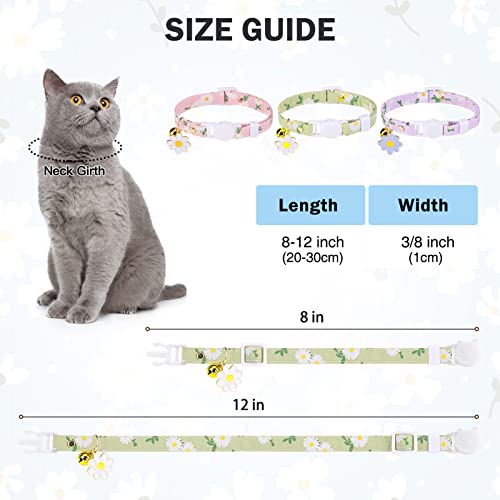 Dillybud 3 Pack Breakaway Cat Collars With Bell- Daisy Pendant Spring Cat Collar For Girl Boy Cats With Safety Buckle- Cute Kitten Collar Adjustable 8"-12" For Kitty Puppy Small Pets #TOP3