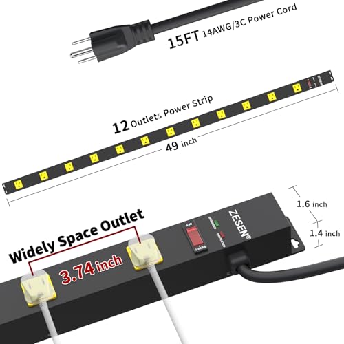 12 Outlet Industrial Long Power Strip Wide-Spaced Outlets with 15Ft Cord - image 2