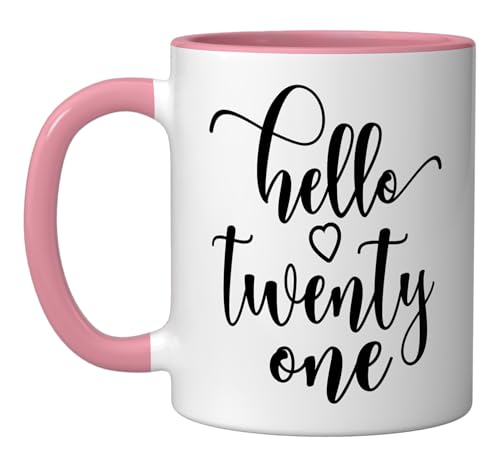 Taza de cerámica rosa y blanca 11 oz 21 años miniatura 1
