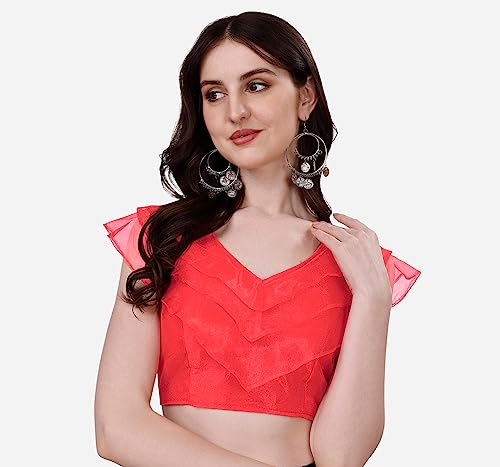Image of Pujia Mills Women's V Neck Orgenza Three Layer Ruffle Sleeve Frill Readymade Saree Blouse