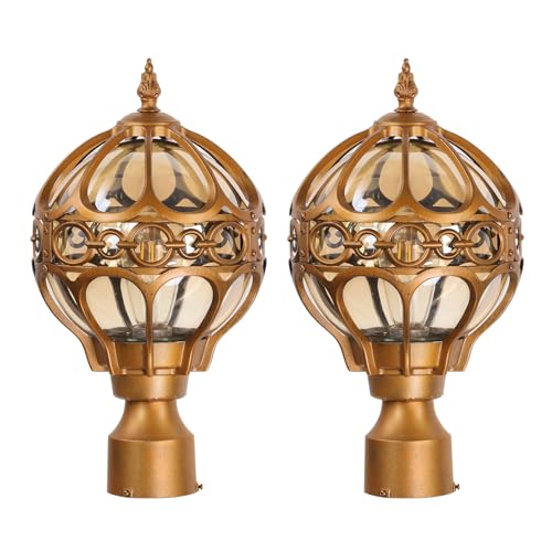Globe Outdoor Post Light for Lawn Porch Garden Pathway Patio, Brass Waterproof Pier Mount Lamp Post Light Fixtures, Aluminum Post Lantern, Sphere Post Pole Light(2 Pack)