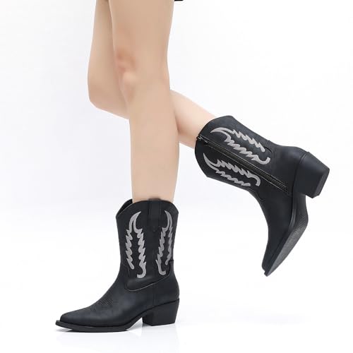 Image of GLOBALWIN Women's Square Toe Cowgirl Boots Classic Mid-Calf Cowboy Boots With Embroidered Stitching Low Heel Comfortable Western Boots For Country Outfits
