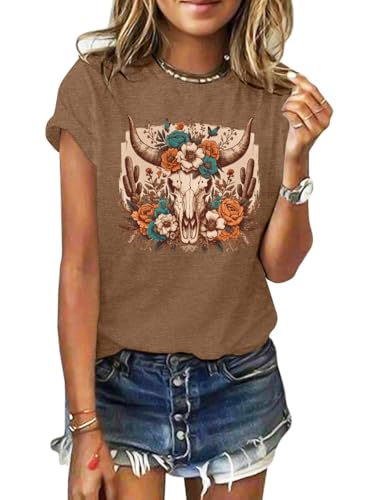 GEMLON Graphic T-Shirts for Women Loose Print Short Sleeve Cowgirl Western Tops Summer Casual Country Music Tees Shirt