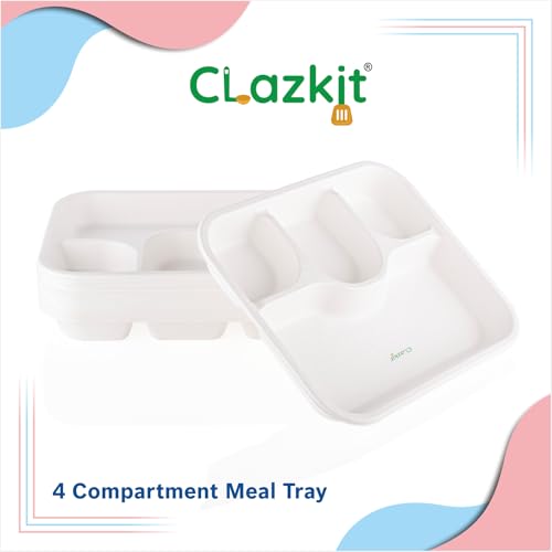 Image of Clazkit 25 Pack, 4-Compartment Disposable Meal Tray | Compostable Bagasse Plates | Eco-Friendly Biodegradable Dinner Plates | Party, Wedding, Event Plates