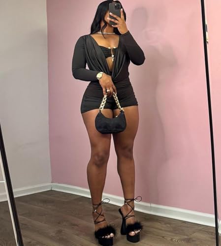 Jumpsuits for Women Sexy Deep V Neck Long Sleeve Romper Solid Color Bodycon Shorts Jumpsuit Going Out Outfits2