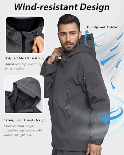 Image of Men's Tactical Fleece Lined Jacket Softshell Military Hooded 7 Pockets Windproof Outdoor Work Rain Coats Grey S