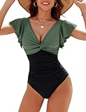 Blooming Jelly Womens Tummy Control Swimsuit Cute One Piece Bathing Suits V Neck Ruffle Modest Swimwear